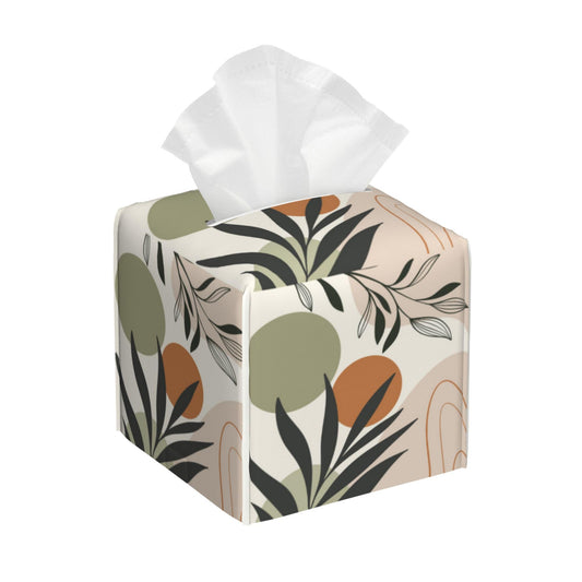 BLYKVGHQ Boho Geometric Art Square Tissue Box Cover Abstract Leaves Tissue Box Holder Facial Cube Paper Dispenser Leather Decorative Organizer Home Office Desk Decor, 5.2"x5.2"x5.2"