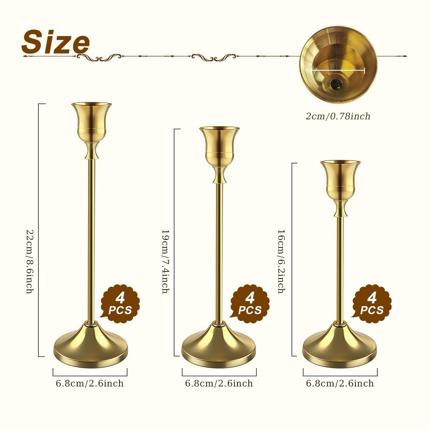 12 PCS (4 Sets) Brass Gold Taper Candlestick Holders - Vintage Metal Candle Sticks
