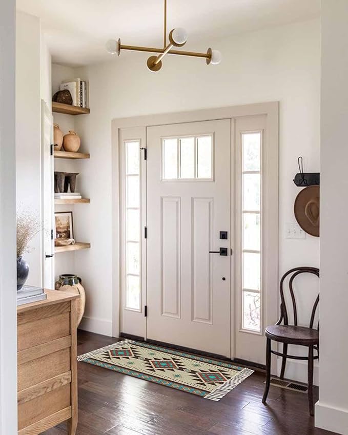 Boho Southwestern Hallway Runner Rug 2X6 Ft Kitchen Carpet, Washable Woven Aztec Abstract Geometric Throw Carpet with Tassel, Non-Shedding Vintage Native American Patterned Bedroom Laundry Rugs