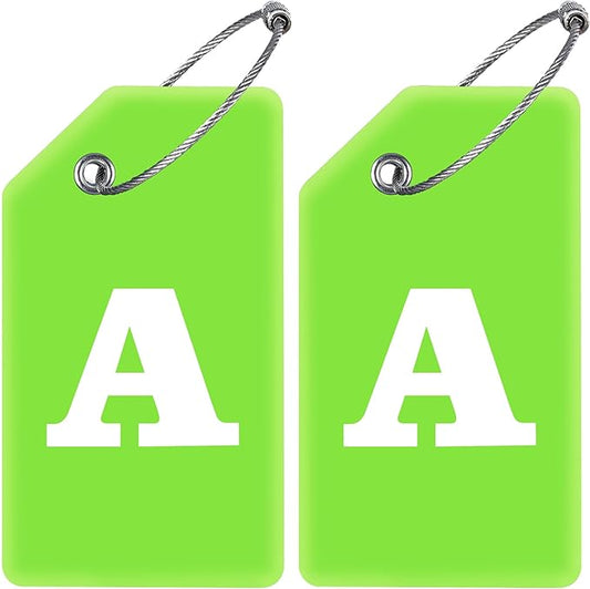 Gostwo 2 Pack Silicone Luggage Tags for Suitcases, 26 Initial Letter Baggage Labels Handbag School Bag Suitcase Instrument Tag with Stainless Steel Loop(Green)(Letter A)