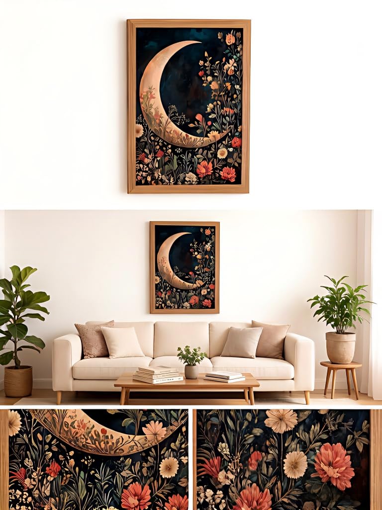 JXZMLNR Framed Canvas Wall Art, Crescent Moon with Dark Floral Print 8x10In