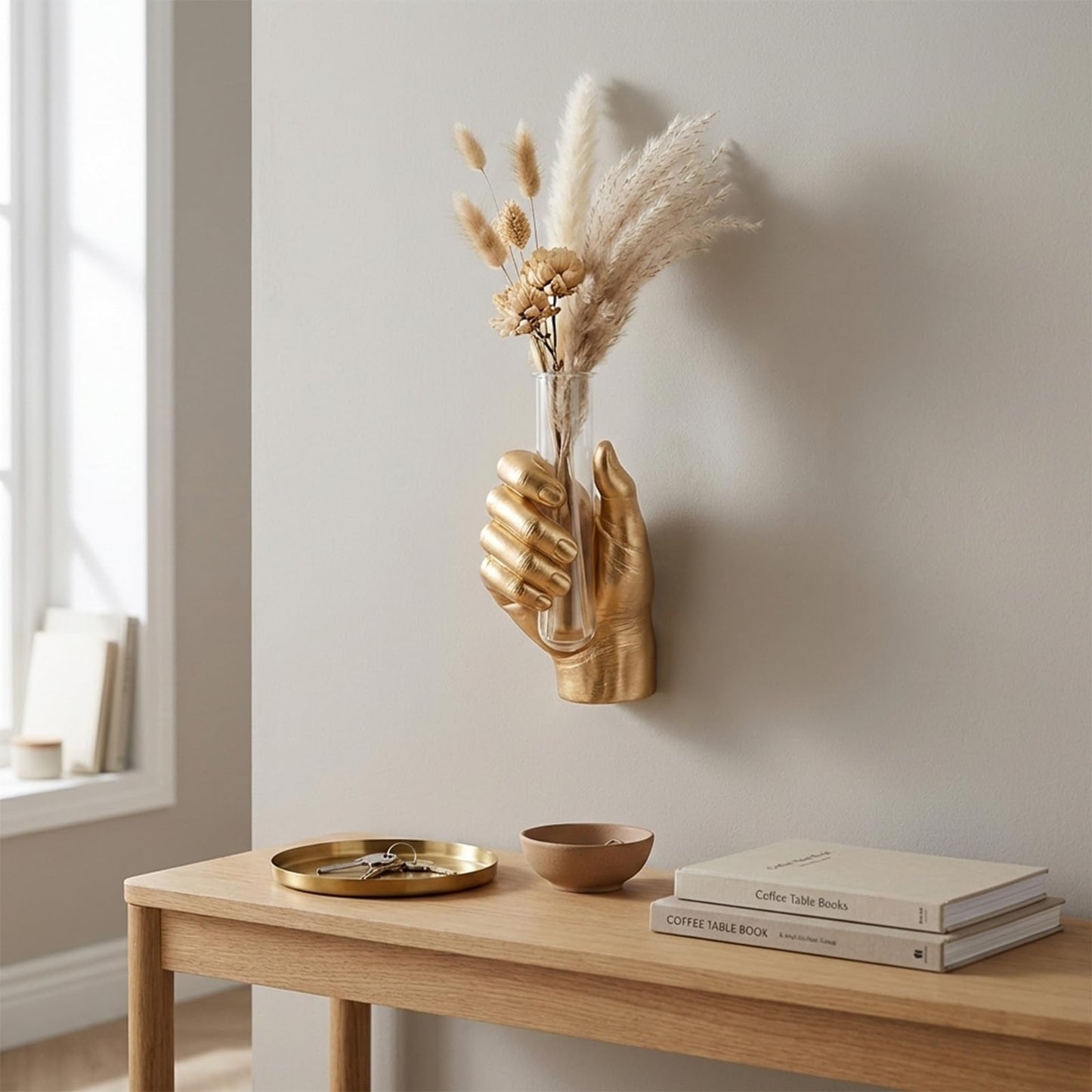 Gold Wall Art Decor Hand Vase, Unique 3D Wall Sculptures Mount Vases for Flowers, Contemporary Gallery Art Whimsical Home Indoor Outdoor Decor Accent, Dimensional Hand Sculpture, Glass Test Tube