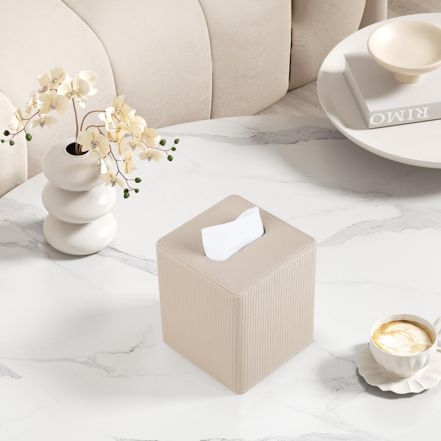 Cretkhp Tissue Box Cover Square with Magnetic Closure, PU Leather Tissue Box Holder for Bathroom NightStands Livingroom, Decorative Modern Square Tissue Holder (Beige)