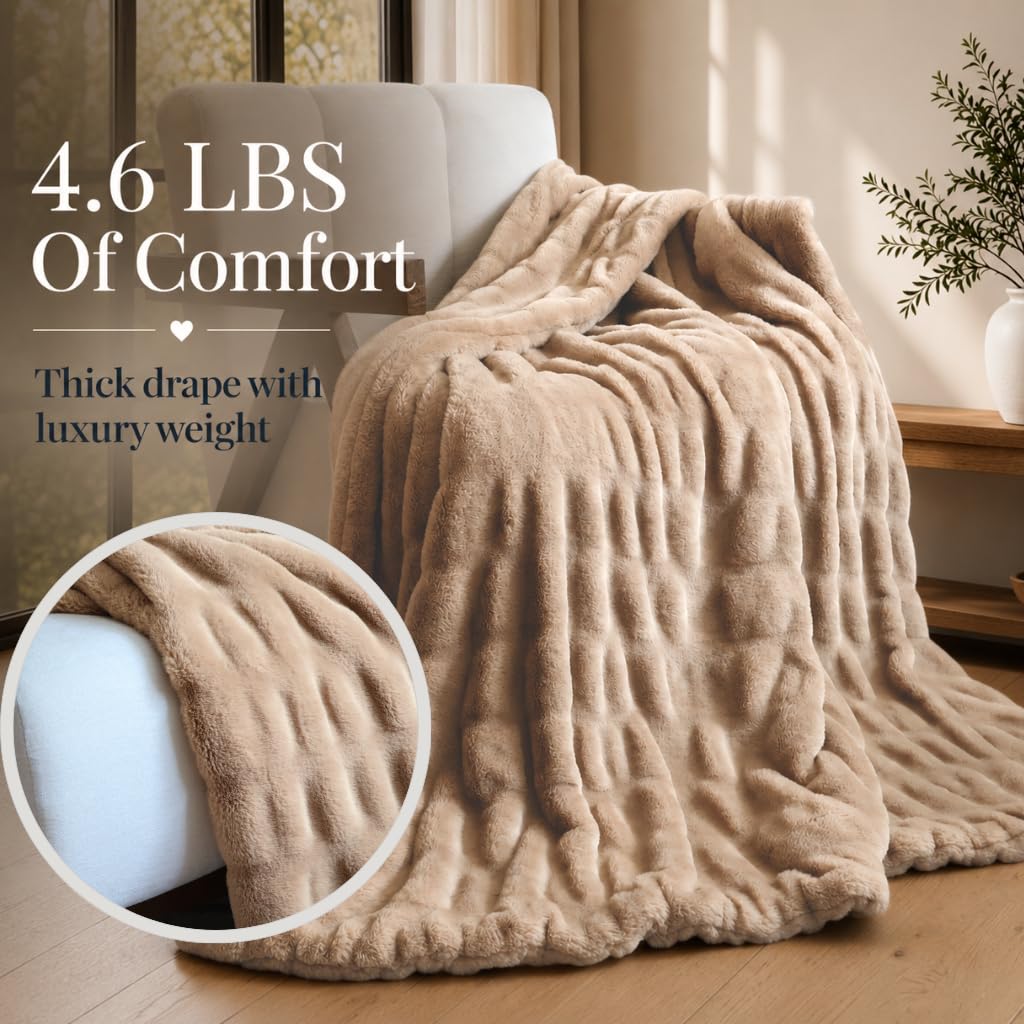 Raelee Luxury Faux Rabbit Fur Throw Blanket, Ultra Soft Double Sided Fluffy Plush Throw for Couch, Bed, Chair, Thick Warm Cozy Decorative Bubble Throw Blanket, Caramel Brown, 50x60
