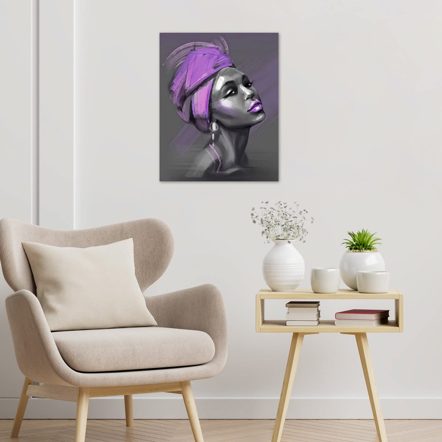 LB African American Women Canvas Wall Art, Beauty Black Woman Purple Hair Canvas Art, Abstract Minimalist Painting Wall Decor for Living Room Bedroom Bathroom Home Decor Ready to Hanging 12x16 Inch