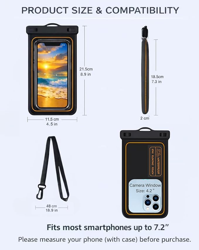 2-Pack IPX8 Floating Waterproof Phone Pouch, Dry Bag with Lanyard, Fits up to 7.2”, Compatible with iPhone 16/15/14/13 Pro Max, Galaxy S25/S24 Ultra, Pixel for Snorkeling, Kayaking(Black-Black)
