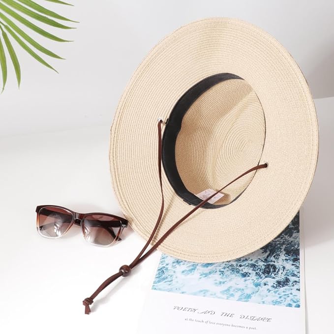 DRESHOW Women Straw Panama Hat Travel Fedora Beach Sun Hat Summer Wide Brim Straw Roll up Hat UPF 50+