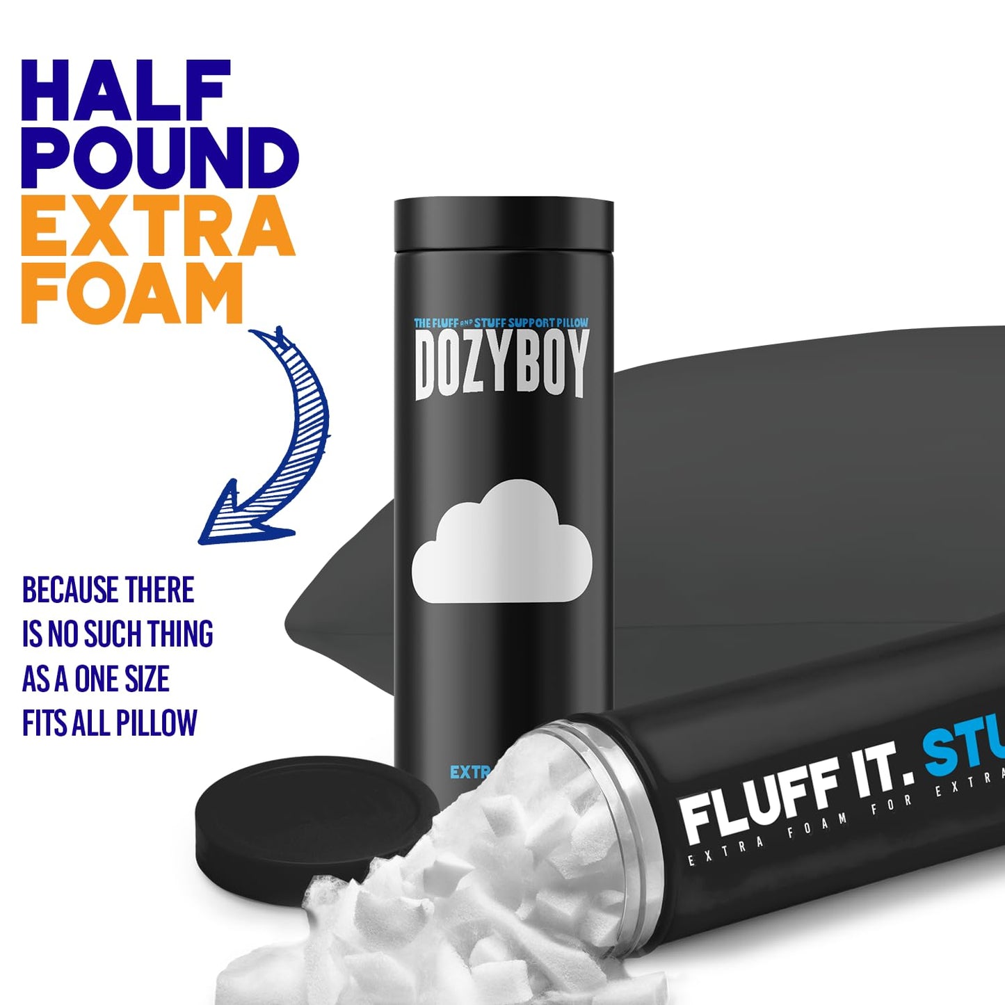 DozyBoy Fluff and Stuff Comfort Pillow | Queen Size Memory Foam Pillows, Chiropractor Designed and Approved 2-in-1 Back Support and Bed Pillows | Fully Adjustable Pillow (Black, Queen (Pack of 1))