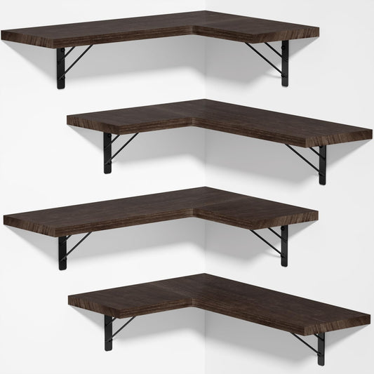 Love-KANKEI Corner Shelf Wall Mounted Set of 4, Floating Wall Shelves for Storage, Rustic Wood Hanging Shelves for Bathroom Kitchen Bedroom Living Room Display, Dark Brown