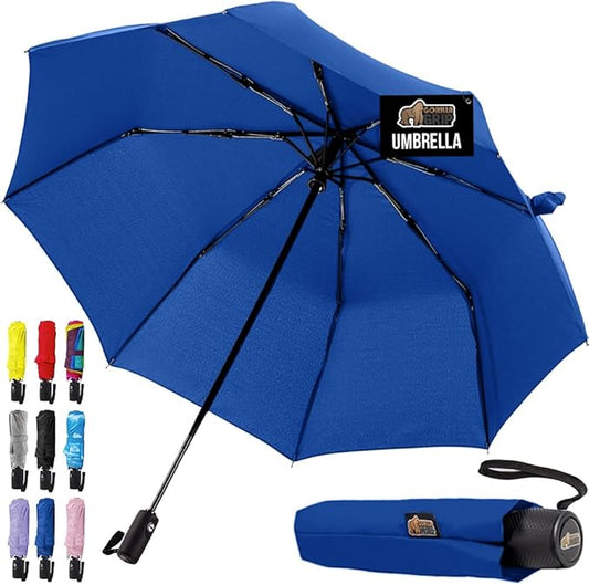GORILLA GRIP Strong Windproof Stick Compact Umbrella for Rain, One-Click Automatic Open and Close, Durable Quick Dry Waterproof Material, Lightweight and Portable, Travel Size Fits Backpack, Navy