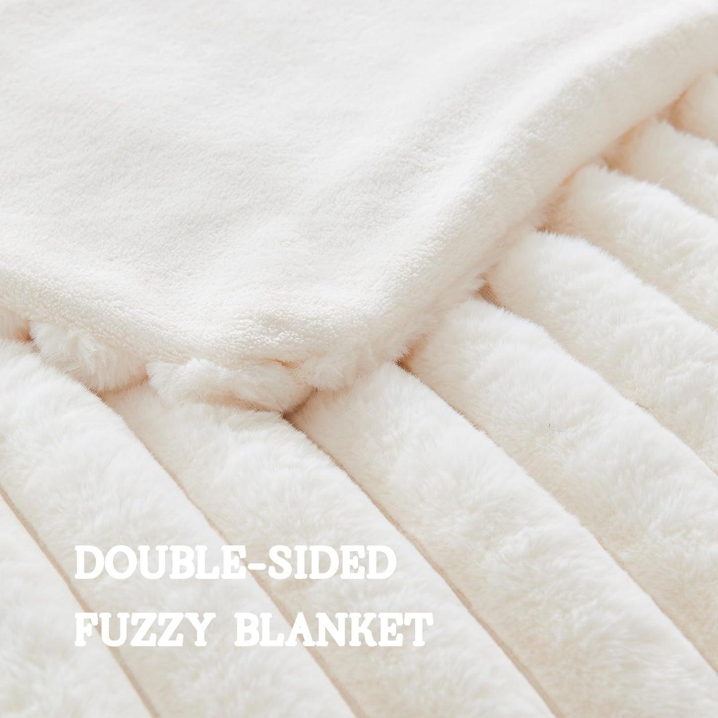 Lotus Karen Blanket for Bed Queen Size, Cozy Soft Fluffy Fuzzy Cream White Blanket, Striped Warm Thick Furry Plush Shaggy Large Blankets for Women, 90x90 Inches