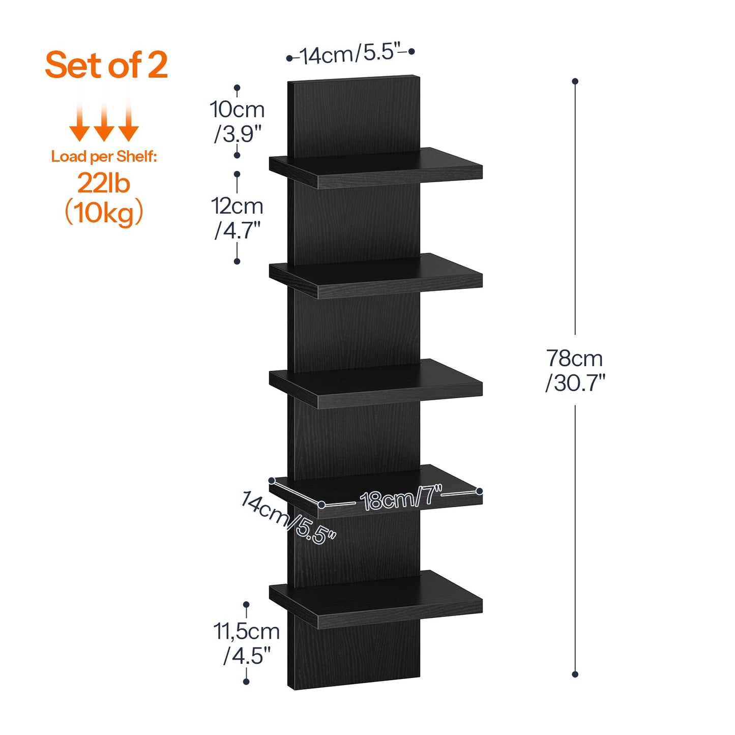 HOOBRO 5 Tier Wall Shelf Unit, 2 Pack Floating Shelves for Wall, Wall Mounted Shelves for Storage, Vertical Display Shelf, Organizer Tall Tower Design for Livingroom Bedroom Kitchen, Black BK18BJP201