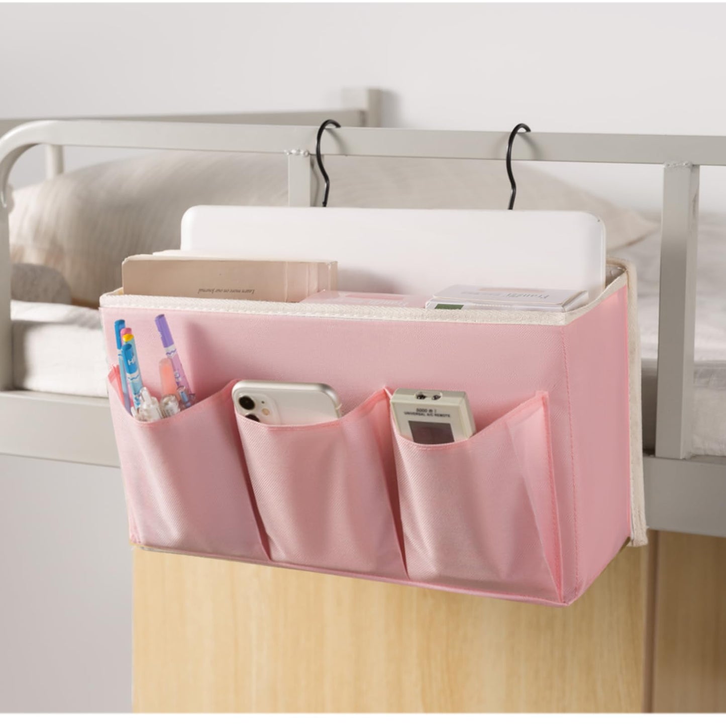 Bedside Caddy/Bedside Storage Organizer Hanging Bag with Three Options,Suitable for home beds, sofas, and dormitory beds—can hold magazines, books, phones, iPads, remote controls. (Pink)