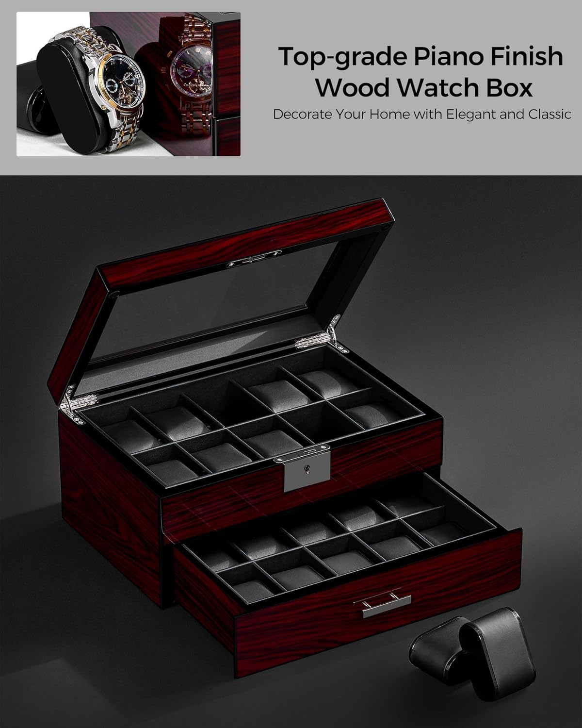 ANWBROAD Watch Box 20 Slot Watch Cases for Men with Large Glass Lid 2-Tier Watch Display Case Lockable Wooden Watch Organizer Elegant Watch Holder for Women UJWB002Y