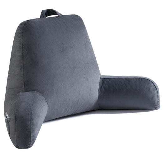 OAISZ Reading Pillow for Sitting in Bed Adult, 19" Reading Pillow with Shredded Memory Foam, Back Pillow for Sitting Up with Extend Arms, Pockets, Bed Pillow with Washable Cover, Grey