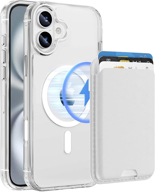 Ntwinro Magnetic for iPhone 16 Clear Case (Compatible with MagSafe) with White Detachable Wallet & Card Holder for 3 Cards [RFID Blocking] Military Grade Protective Slim Phone Cover