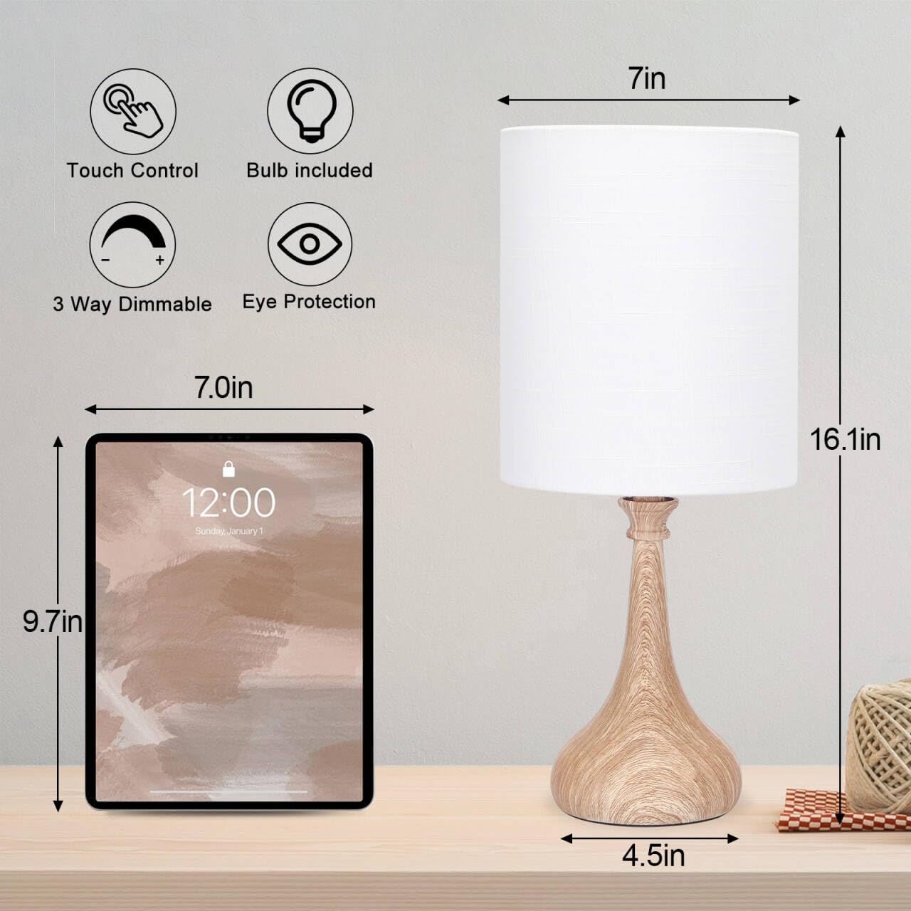 Boncoo Dimmable Small Table Lamp, Bedside Lamps Touch Control for Bedrooms Nightstand with Wood Grain Base, Desk Lamp Night Light for Office Living Room, 9W 3000K LED Bulb Included