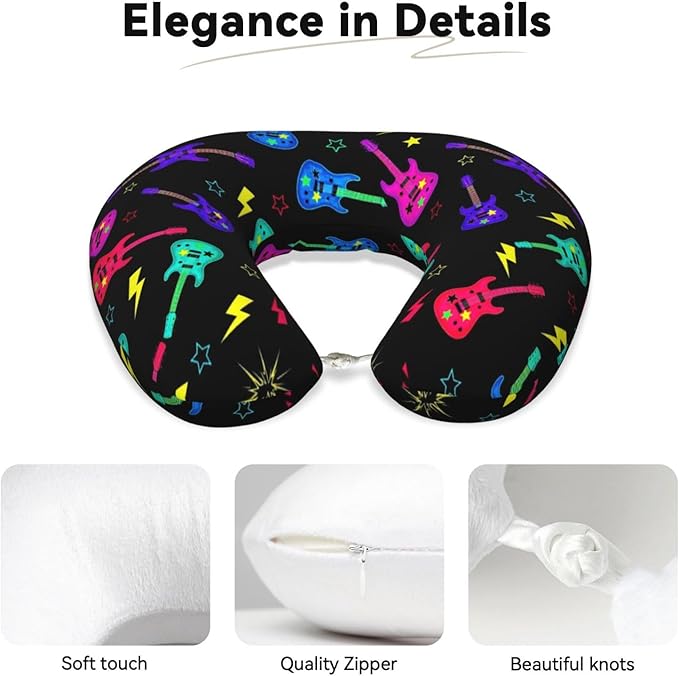 Breathable Neck Pillow for Sleeping Rest Nap Trippy Neon Electric Guitars, Airplanes/Car/Home Memory Foam Travel Cushion with Polyester Cover Washable for Women Men