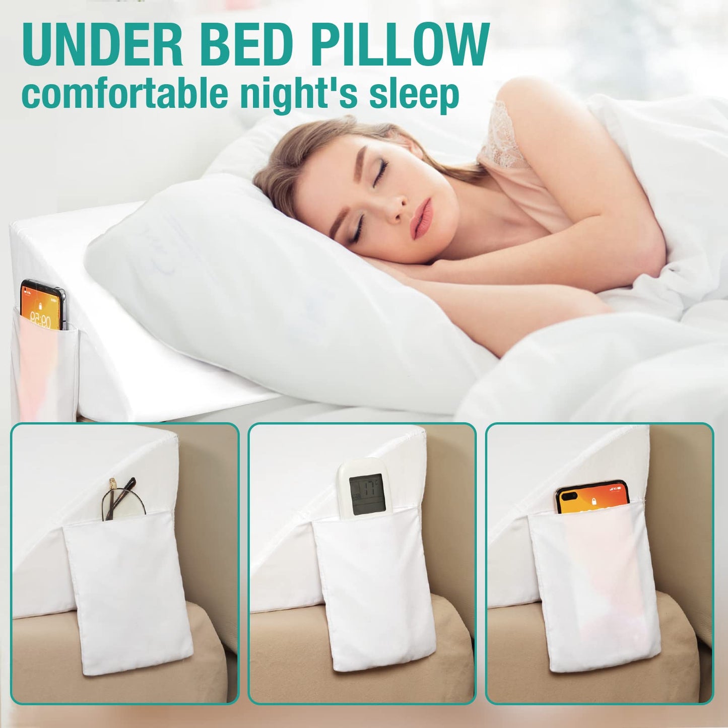 Vekkia Queen Bed Wedge Pillow for Headboard – High-Density Foam Fills Gaps (0-5.5") Between Mattress and Headboard, Wedge Pillow with Pockets for Phone & Remotes, Washable Cover(White)