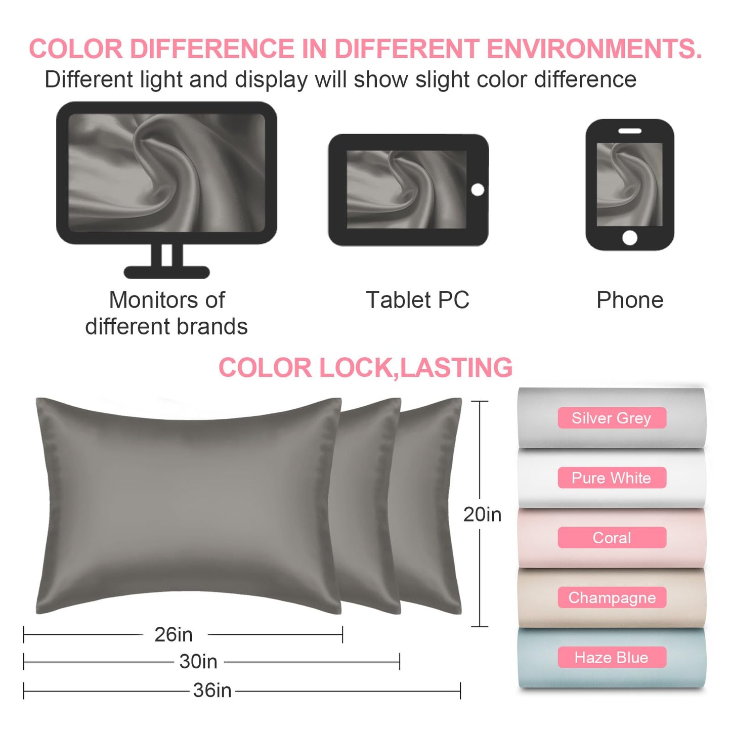 Silk Body Pillow Cover with Zipper, Mulberry Silk Pillow Cases Body Size, Ultra Smooth and Soft Breathable Cooling Silk Satin Body Pillowcase for Hair and Skin, Dark Grey (20x54 Inches, 1 Pack)