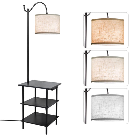 EOEYYOYB Floor Lamp with 3-Tier Shelves, End Table Lamp with USB Charging Port Power Outlet, Side Table Reading Light with 3 Color Temperature Led Bulb Included, Floor Lamps for Living Room, Black