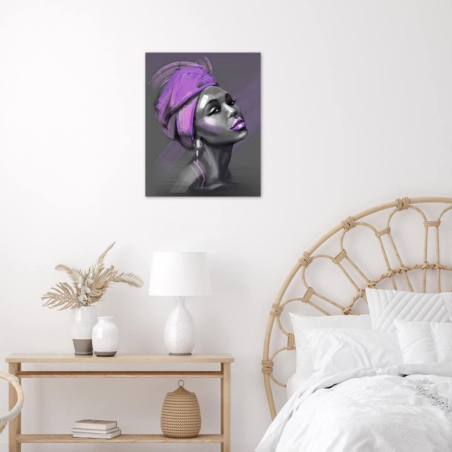 LB African American Women Canvas Wall Art, Beauty Black Woman Purple Hair Canvas Art, Abstract Minimalist Painting Wall Decor for Living Room Bedroom Bathroom Home Decor Ready to Hanging 12x16 Inch