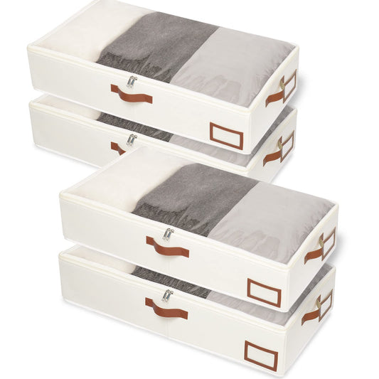 Yawinhe Under Bed Storage Containers, 4 Pack, Bin with Lids, Collapsible Closet Organizers, with Sorting Card Slot and 4 Leather Handles, for Blanket, Bedding, 31.5''Lx15.7''Wx6''H, Beige