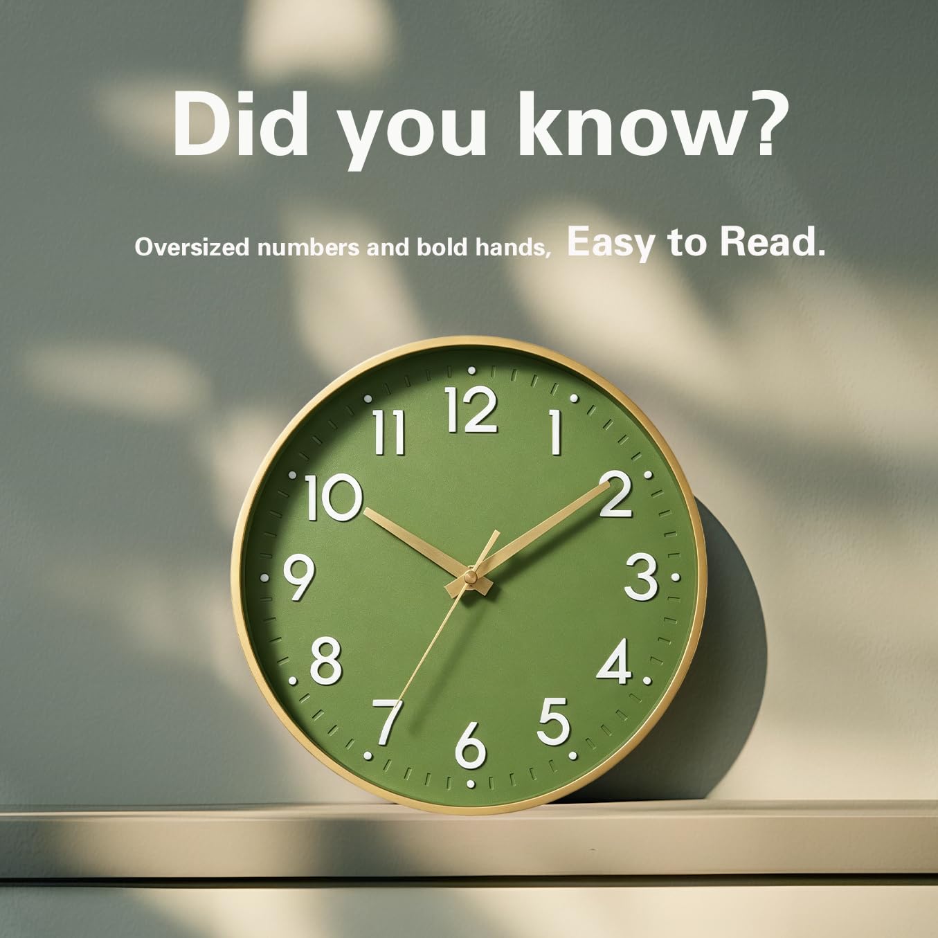 Mosewa Wall Clock 14 Inch, Battery Operated Non-Ticking Modern Analog Clock Decorative for Kitchen, Bedroom, Office, Home(Olive Green and Gold)