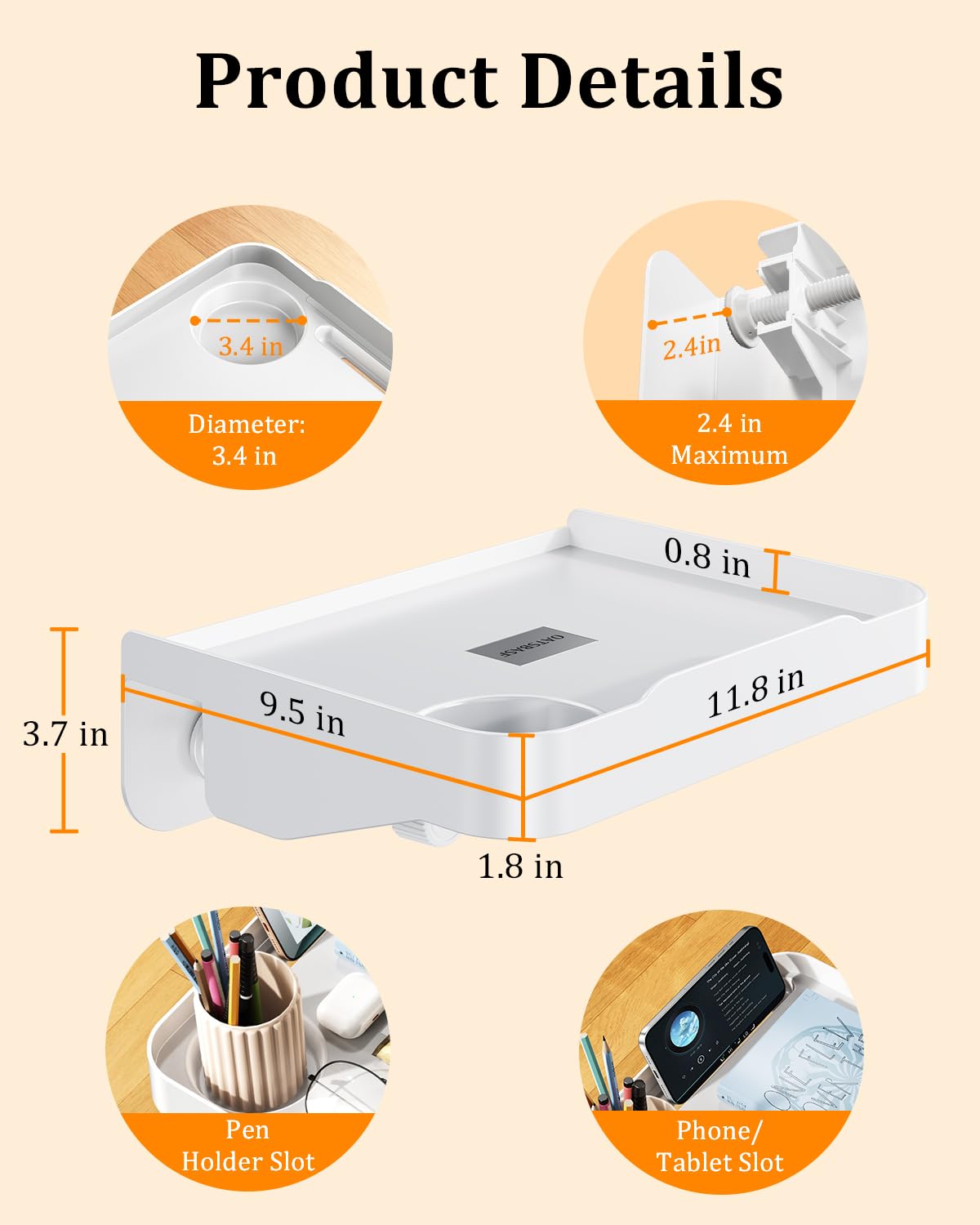 Blissfuhue Bedside Caddy for Dorm Bed - Clip On Nightstand with Cup Holder, Floating Bed Side Table Tray Storage,College Dorm Room and Kids Room Essentials,Blending Decor and Storage （White）
