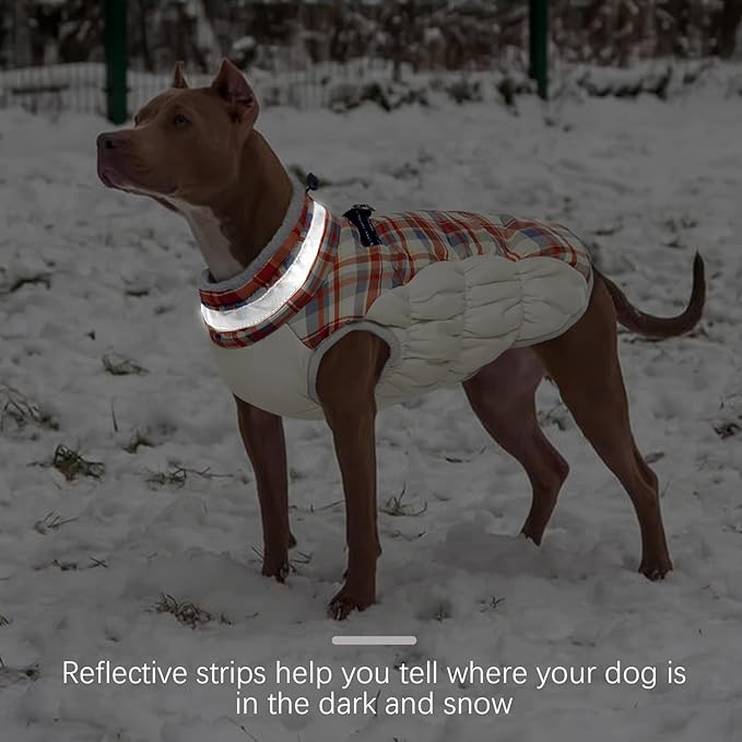 FUAMEY Dog Coat for Medium Dogs,Waterproof Dog Winter Jacket with Harness Built in Puppy Cold Weather Coats Reflective Pet Vest with Zipper Warm Fleece Dogs Snowsuit Windproof Red Plaid M