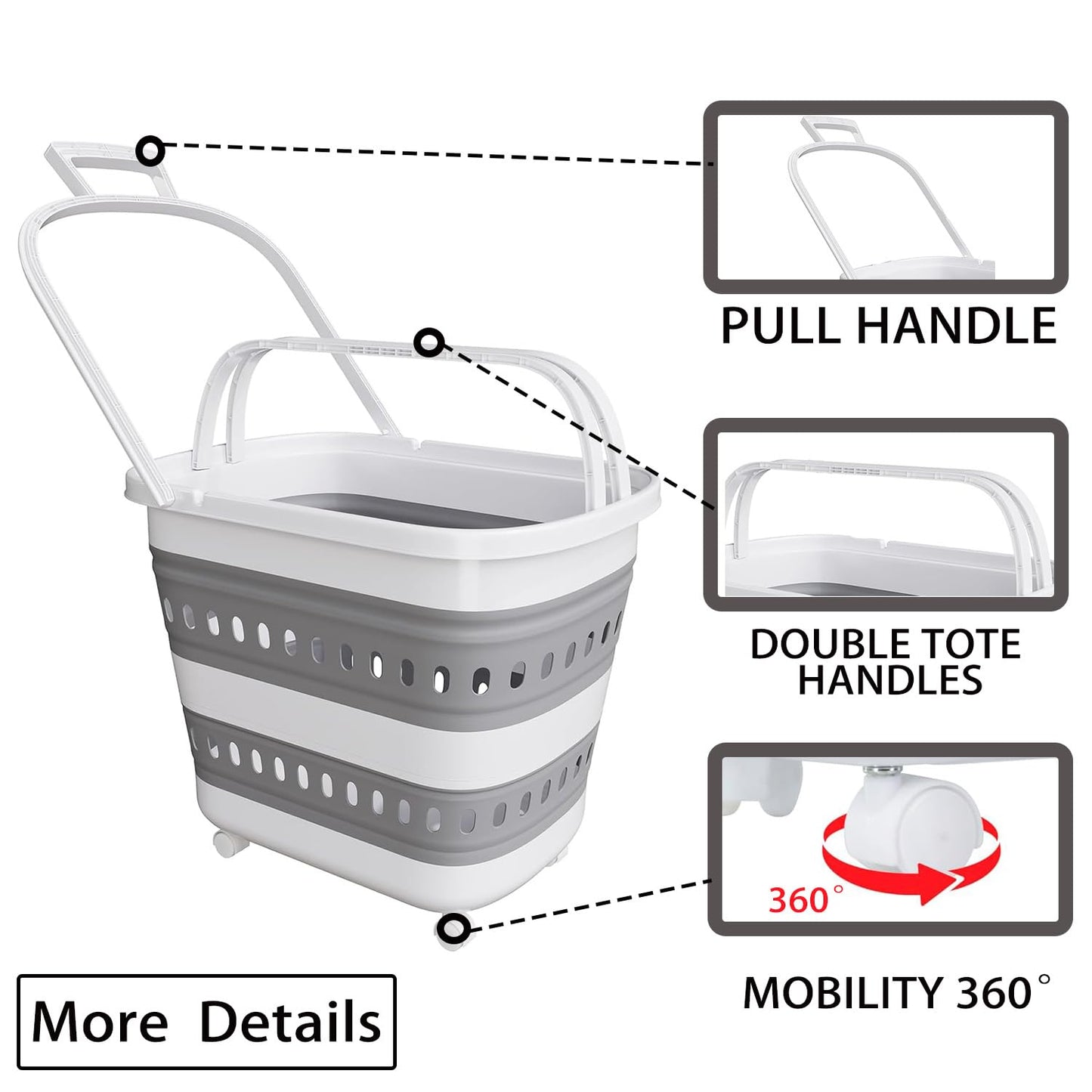 Folding Laundry Basket with Wheels Handle Collapsible Plastic Hamper 38L Portable Rubber Clothes Multi Use Grocery Shopping Cart Pop Up Storage Container Organizer with Hanging Space Saving White Grey