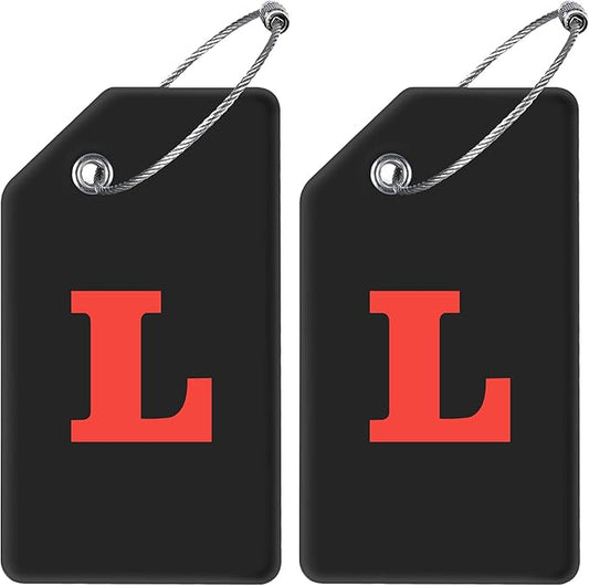 Gostwo 2 Pack Silicone Luggage Tags for Suitcases, 26 Initial Letter Baggage Labels Handbag School Bag Suitcase Instrument Tag with Stainless Steel Loop(Black)(Letter L)