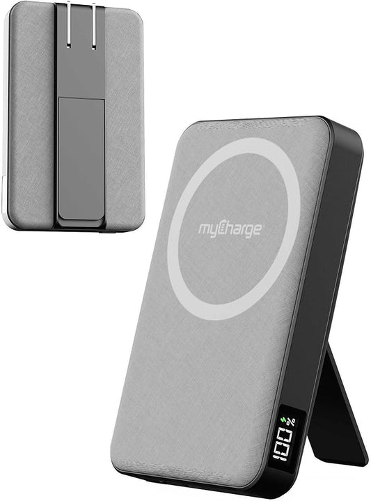 myCharge CliqLuxe+ Magnetic Wireless Power Bank 10,000mAh | iPhone & MagSafe Compatible | Qi2.2 25W Mag Safe Portable Charger | Built-in Wall Plug & Stand | 20W PD USB-C Port | Premium Grey Fabric