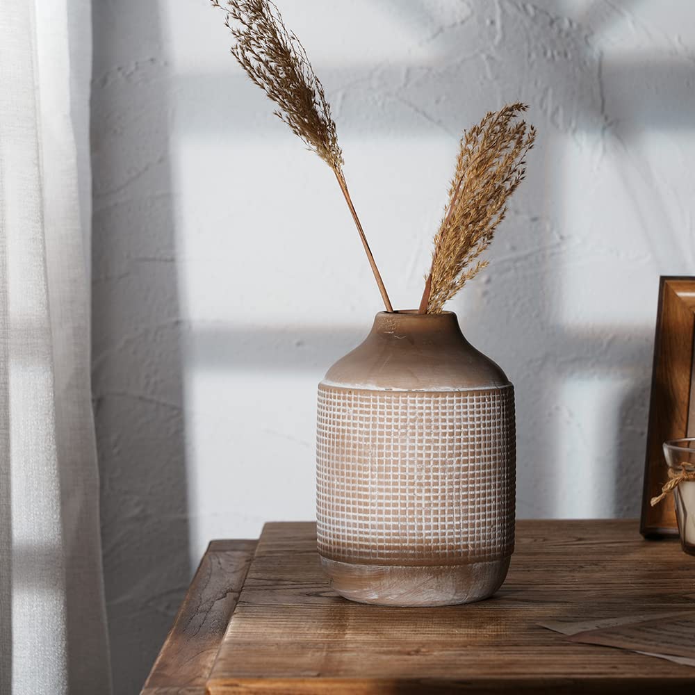 SIDUCAL Ceramic Rustic Farmhouse Vase, Sand Glaze Finish Boho Vase, Pottery Decorative Flower for Home Decor, Table, Living Room Decoration, Shelf Decor, Mantel, 7 Inch, Beige