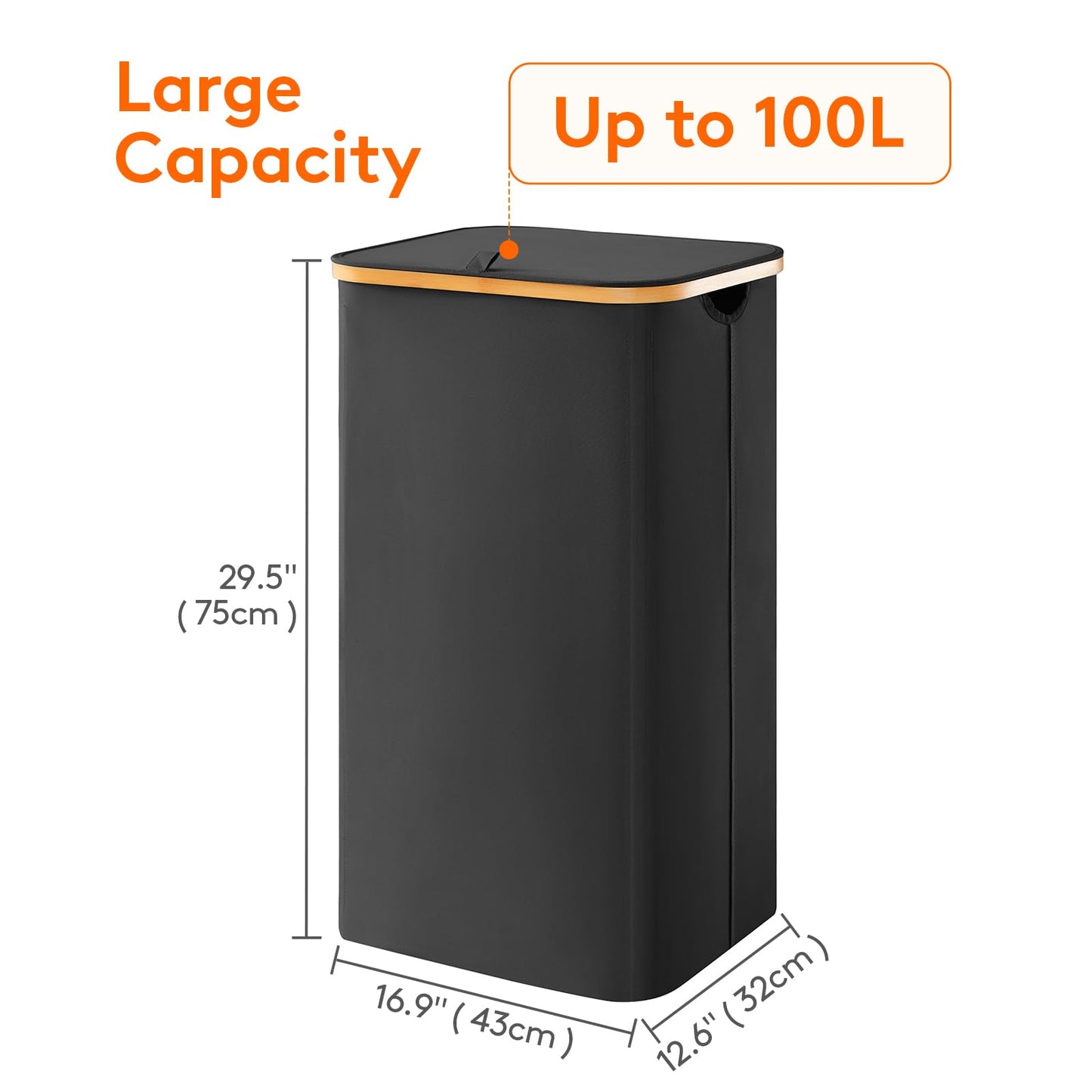 Lifewit 100L Laundry Basket with Lid, Clothes Hampers for Laundry with Bamboo Handles and 1 Removable Bag, Large Foldable Laundry Hamper for Bedroom, Bathroom, Dorm, Laundry Room, Black