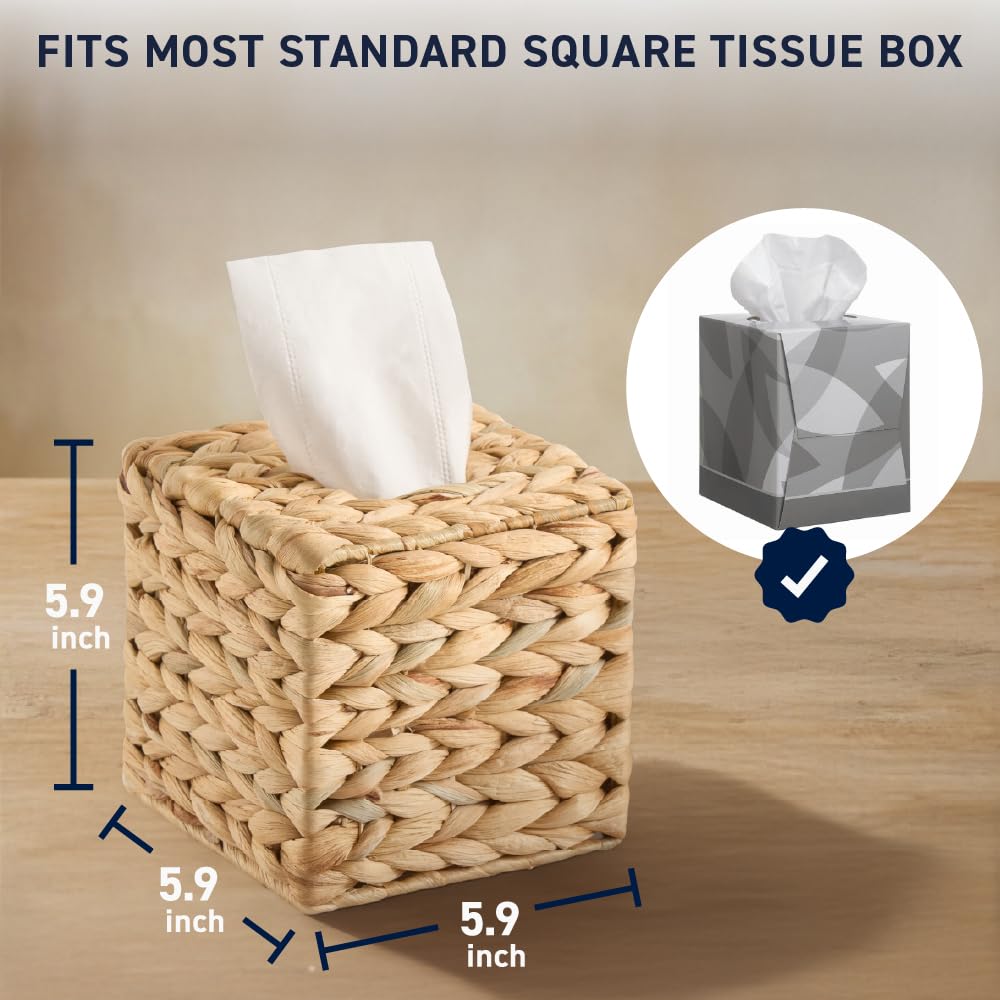 Ornavo Home Water Hyacinth Handwoven Tissue Box Cover – Square Decorative Tissue Holder with Rope Bottom Strap – Fits Standard Square Tissue Boxes – Boho Natural Woven Home Decor