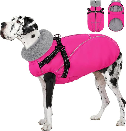 AOFITEE Dog Coat for Large Dogs, Waterproof Dog Jacket with Harness Built in, Warm Fleece Pet Puffer Jacket with Zipper, Cold Weather Coats for Dogs Outdoor, Reflective Pet Snowsuit, Pink XL