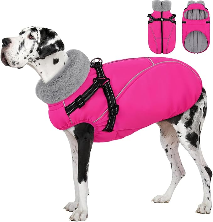 AOFITEE Dog Coat for Large Dogs, Waterproof Dog Jacket Winter with Harness Built in, Warm Fleece Pet Puffer Jacket with Zipper, Cold Weather Coats for Dogs, Reflective Pet Snowsuit, Pink XXL