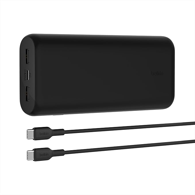 Belkin Portable Charger, 3-Port Power Bank - 12in. USB-C to USB-C Cable Included - 20000 mAh w/PD 20W for iPhone 17, Air, Pro, Pro Max, AirPods, Nintendo Switch 2 & More - Travel Essentials Black