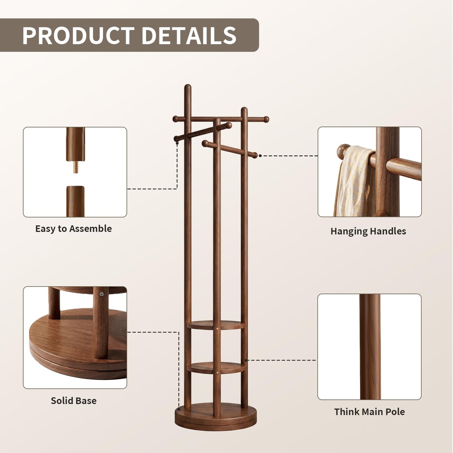 Vcalnil Coat Rack Freestanding, Solid Wood Coat Tree with 6 Hooks and 3 Storage Shelves for Bedroom, Entryway Living Room, Office, Corner Hanger Stand for Purse, Bag, Jacket, Hat