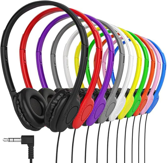Maeline Kids Headphones for School Classroom K-12, Library, Museum, Travel, On Ear Stereo Headset with Adjustable Band & Faux Leather Cushions - 3.5mm Plug - 500 Pack - Multicolors