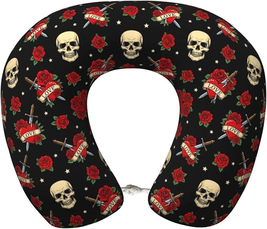 Neck Pillows for Travel Red Rose Sugar Skulls Flowers Floral, Women and Men Airplane Car Pillow, Neck Support U Shaped Pillow for Rest Pain Relief Sleeping