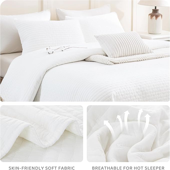 Sanracie Stonewashed Oversized King Bedspread(118"x106"), Cotton Milk White California King Quilt Coverlet Cross Stitch Ultra Soft Lightweight 3Pcs Crinkle Bed Coverlet Set for All Season
