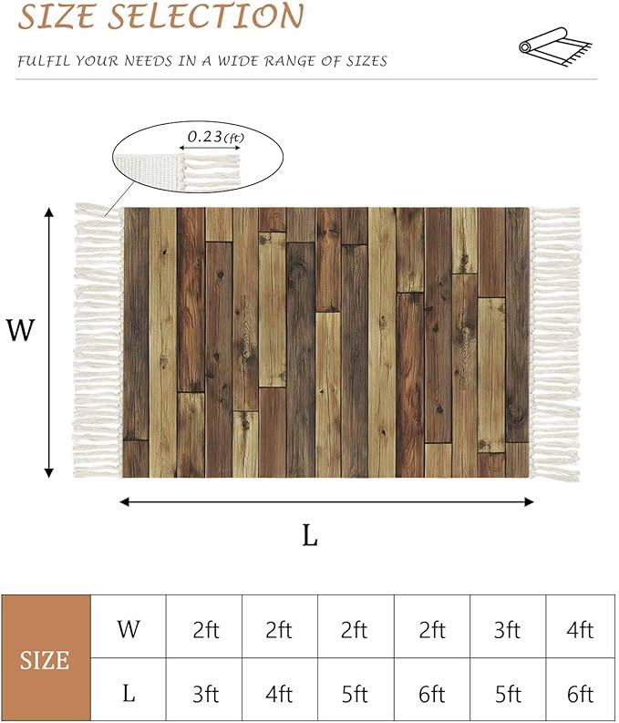 Brown Hallway Runner Rug 2X6 Ft Kitchen Carpet, Washable Woven Vintage Country Wooden Grain Throw Carpet with Tassel, Non-Shedding Farmhouse Cabin Retro Plank Stitching Art Bedroom Laundry Rugs