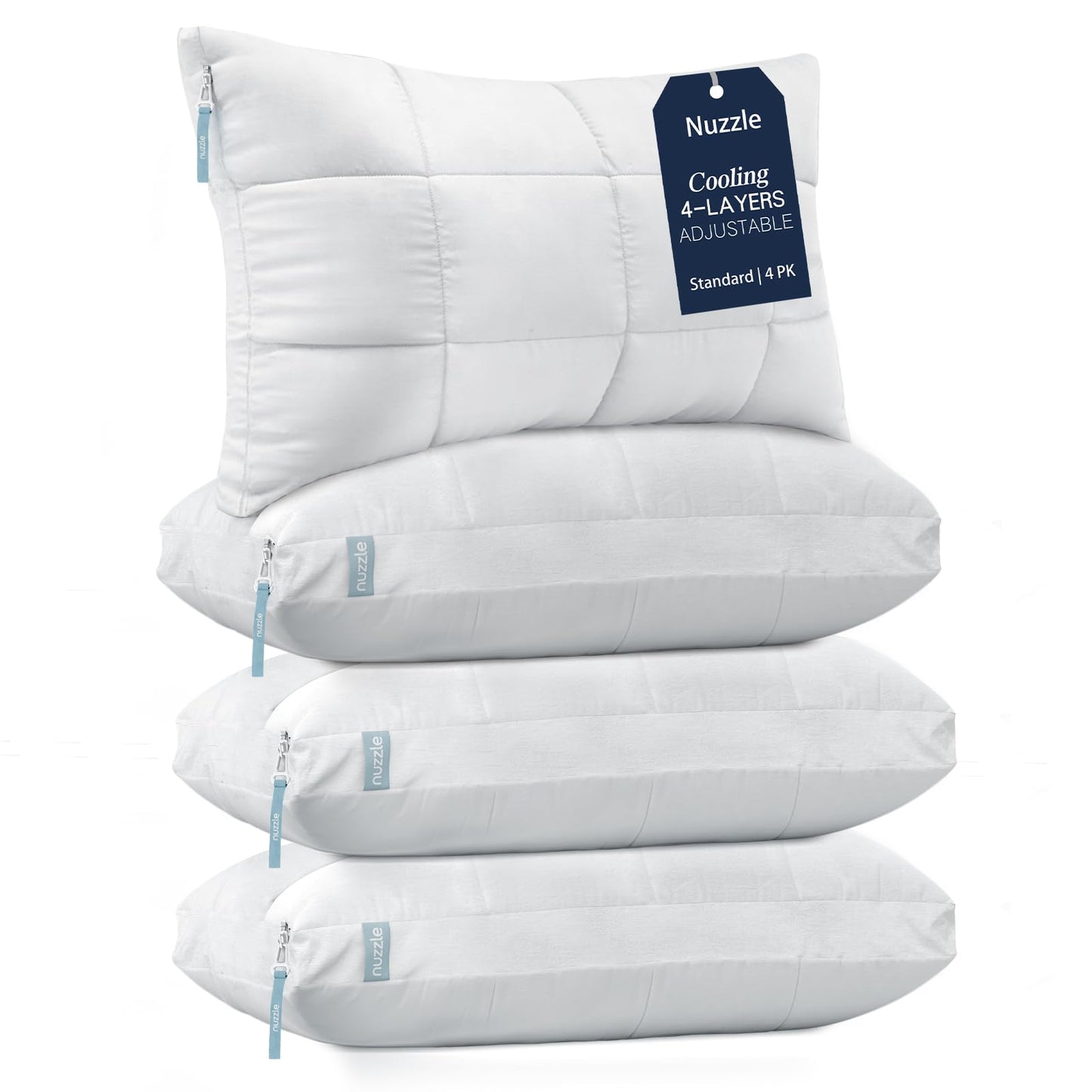Nuzzle Cooling Adjustable Pillow for Side Sleepers,Standard Size Bed Pillow 4 Pack – Hotel Luxury Neck Support, Height Adjust Soft Sleeping Pillow for Back, Stomach or Side Sleepers-Home Gift