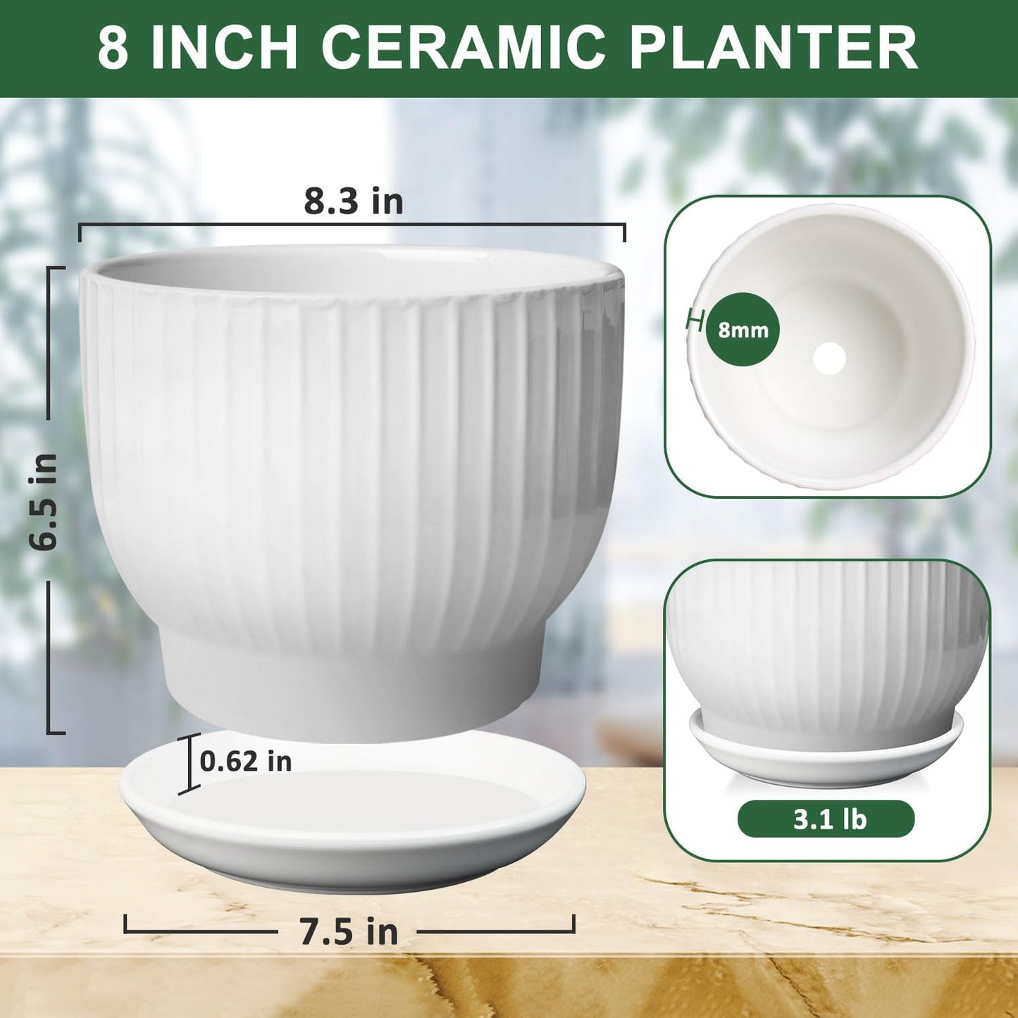 YUFDA 8 Inch Plant Pot,Ceramic Planter with Drainage and Saucer,Ceramic Pots for Plants,Indoor Plant pots,Ceramic Flower pots(Pure White, Plants NOT Included)