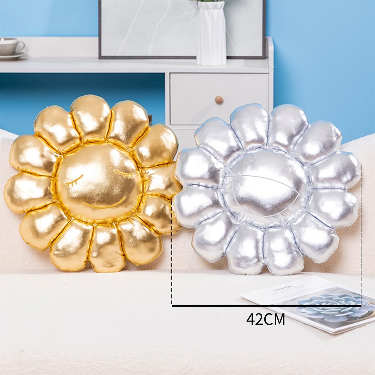 FIONOUT Gold Sunflower Pillow, 16.53 Inch Cute Sunflower Smiley Face Cushion, Soft Plush Decor for Bed Dorm Room Aesthetic Girls Women