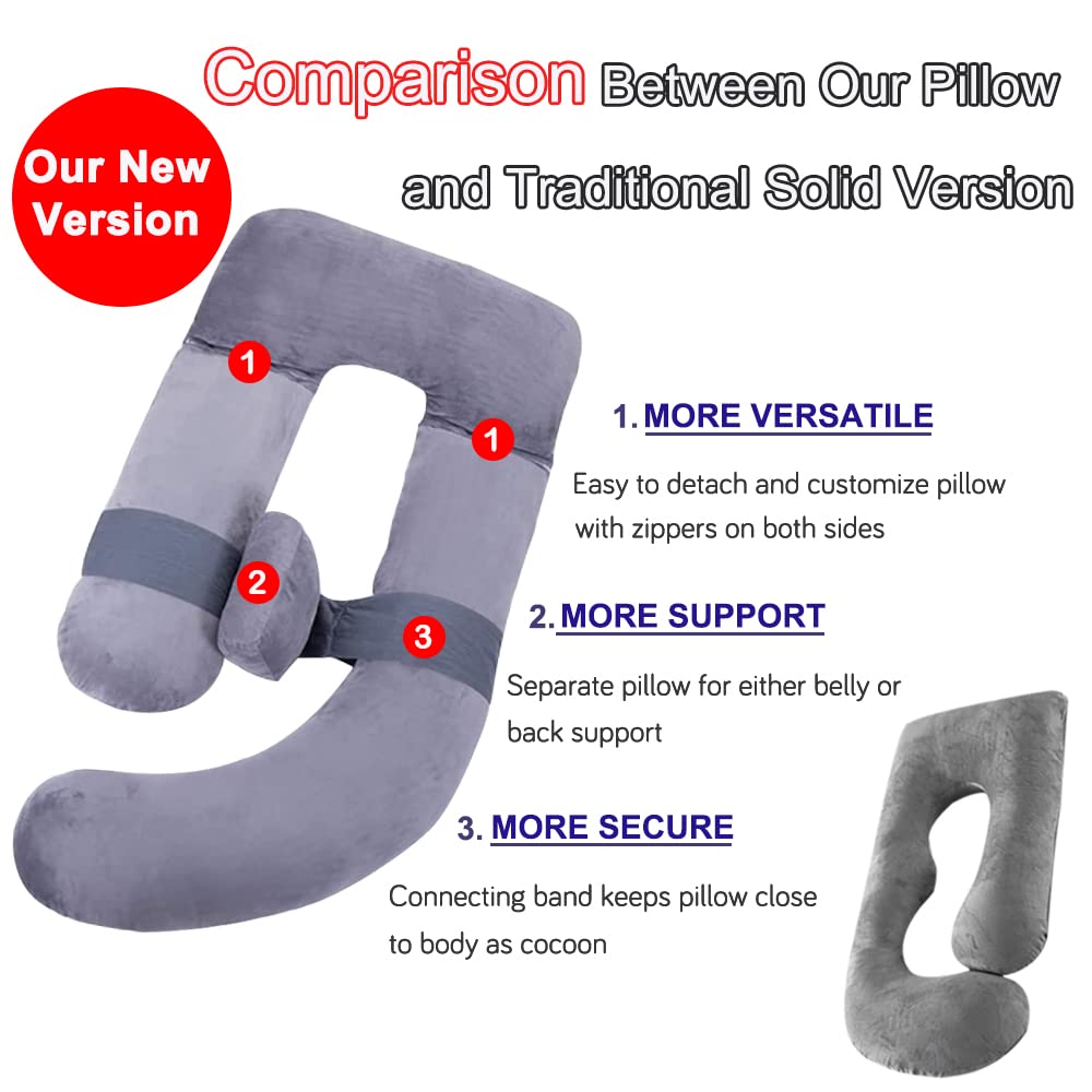 AS AWESLING 60in Full Body Pillow | Nursing, Maternity and Pregnancy Pillow | Extra Large U Shape Pillows with Detachable Side, Separate Support Pillow and Removable Cover (Velvet and Jersey Grey)