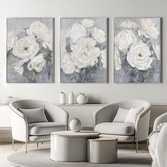 Zessonic Gray and White Floral Wall Art Textured Set Of 3 Flowers Painting Canvas Neutral Prints Aesthetic Botanical Wall Decor Nature Pictures Living Room Bedroom Bathroom Office 20"x28"x3pcs