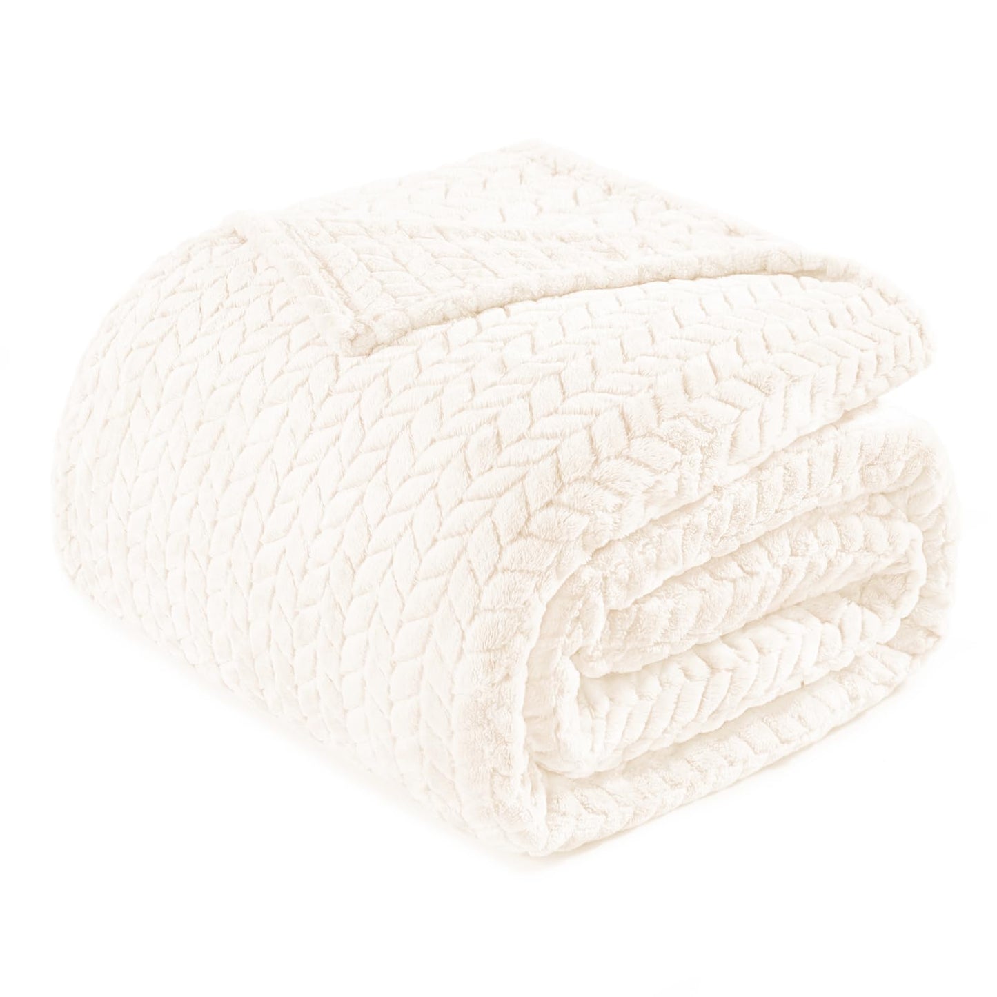 Exclusivo Mezcla Fleece Queen Size Blanket for Bed, 90x90 Inches Soft Cozy Jacquard Flannel Blankets, Lightweight Fuzzy Plush for Women, Off White
